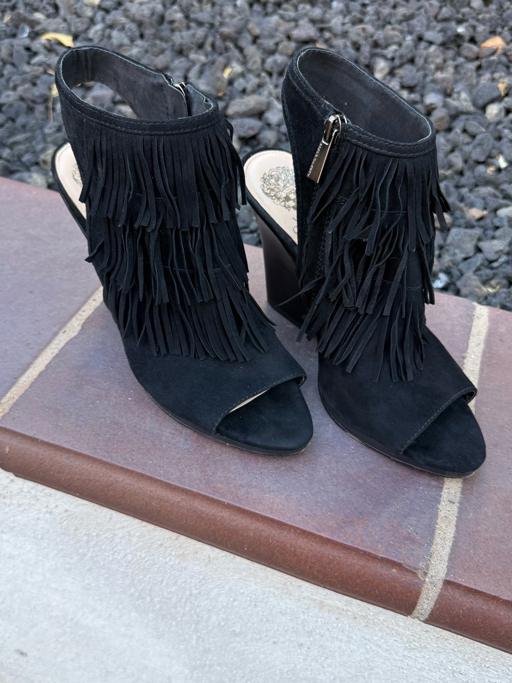 Vince Camuto VC-Jadon Black Suede Fringe Peep-Toe Block Heels